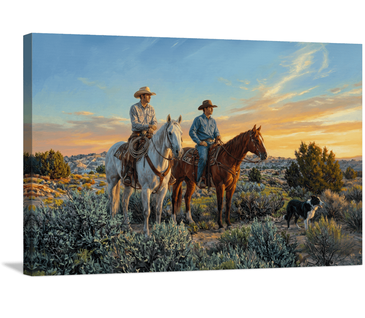 Two Cowboys and a Dog Watch the Desert Say Goodnight