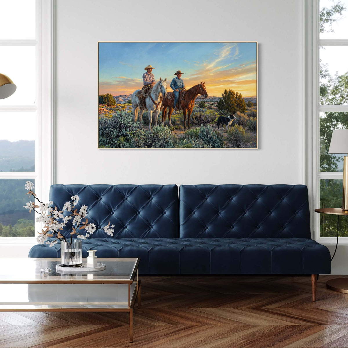 Two Cowboys and a Dog Watch the Desert Say Goodnight