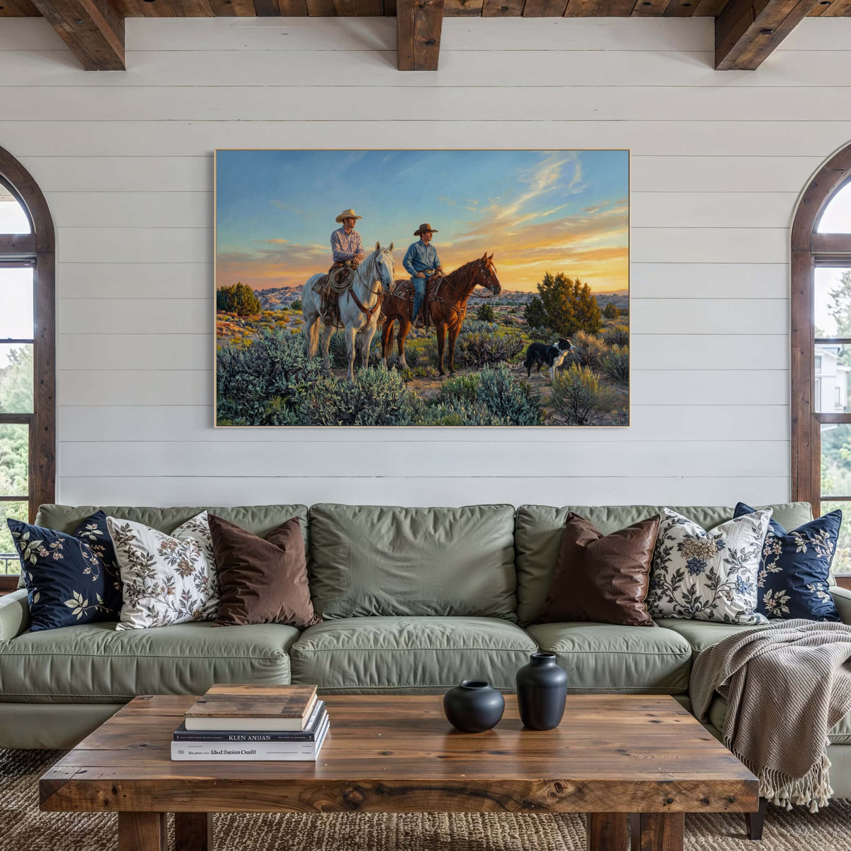 Two Cowboys and a Dog Watch the Desert Say Goodnight