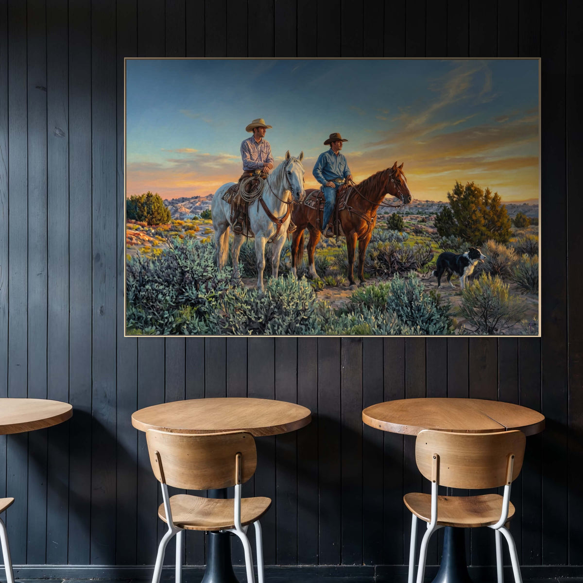 Two Cowboys and a Dog Watch the Desert Say Goodnight