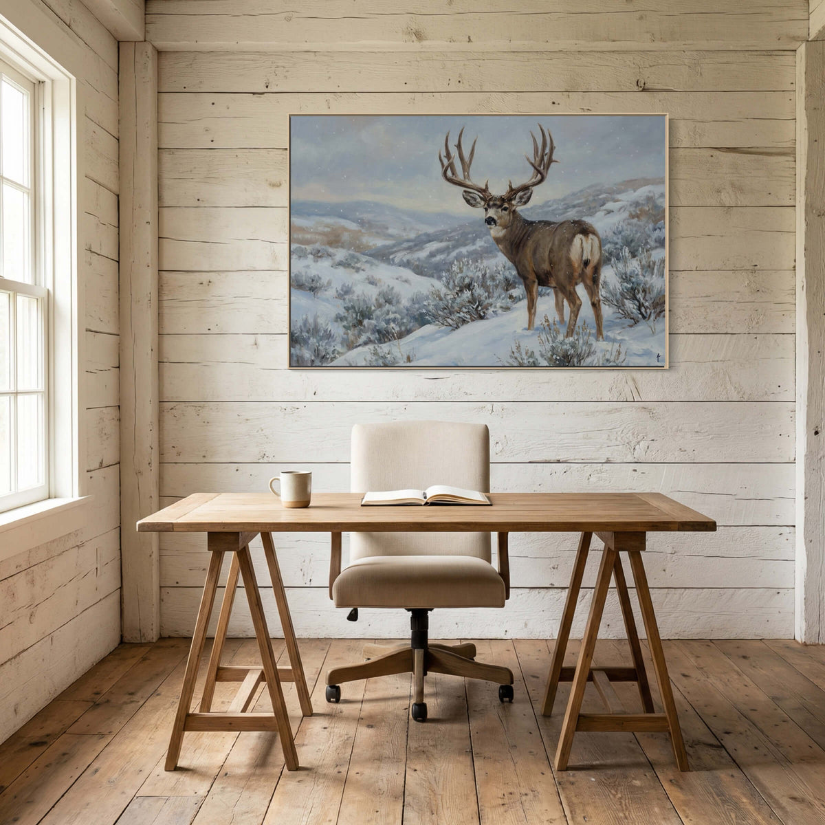 Snowfall Mule Deer on the Slope