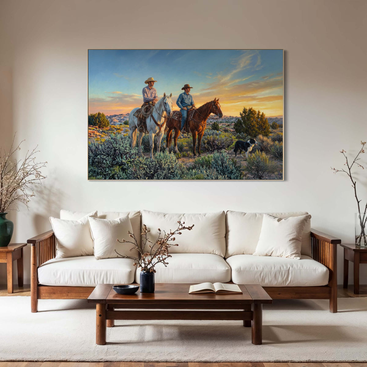 Two Cowboys and a Dog Watch the Desert Say Goodnight